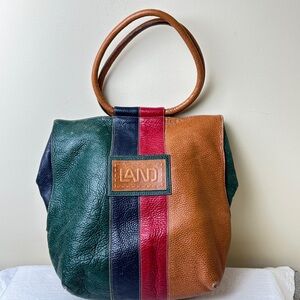 LAND Genuine Leather Colorblock Medium Satchel Handbag 13" x 11" x 5" Vintage